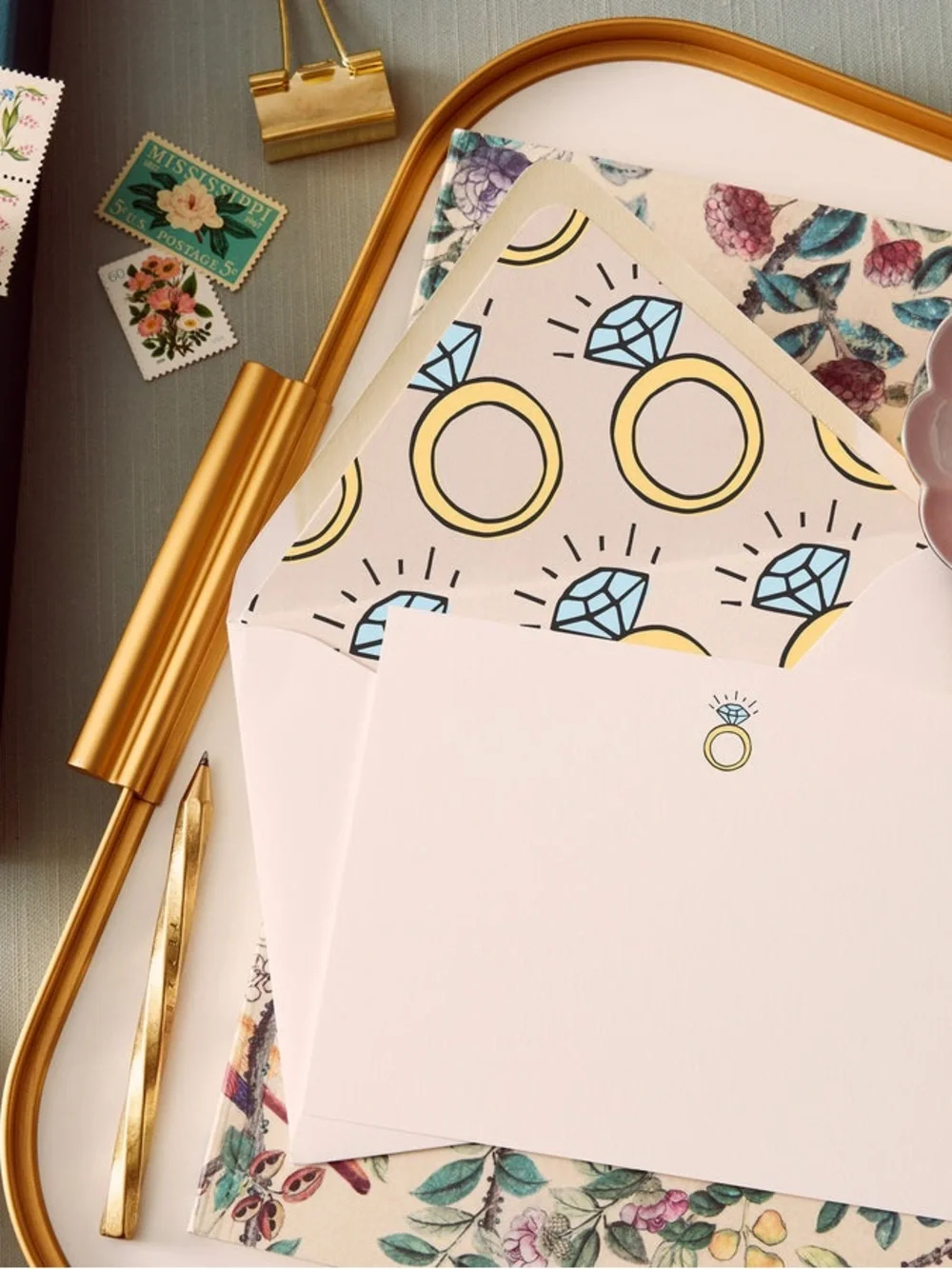 Dear Arrabella “Marry Me” Notecards Set Teal Gift Box with Pink Ribbon